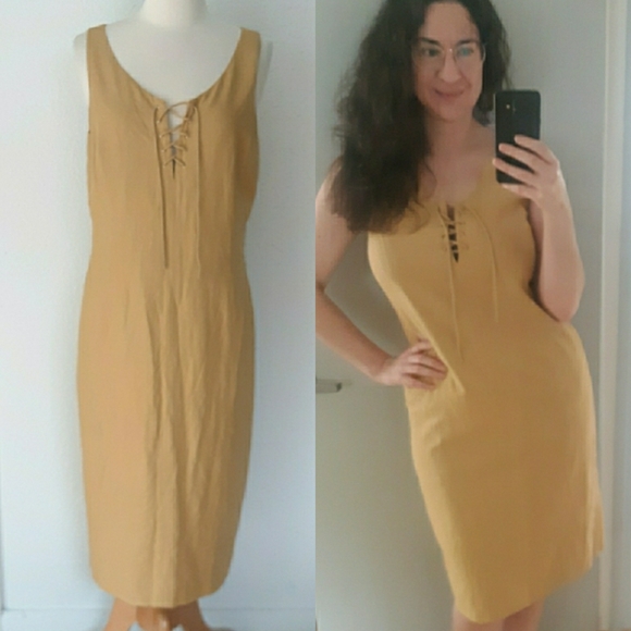 Vintage Dresses & Skirts - 🍓Vintage 90s Y2K Linen Lace Up Dress Neutral M/L